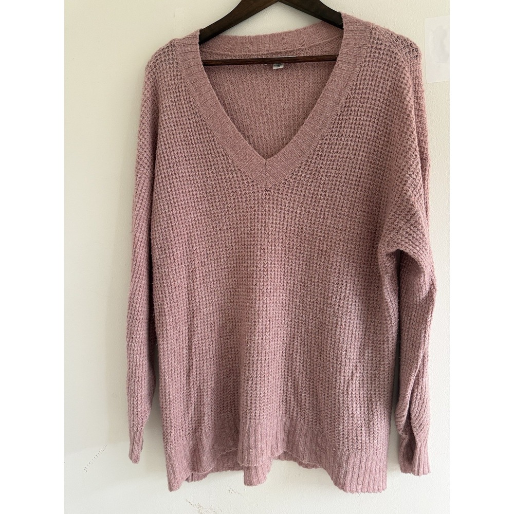 American Eagle Women S Pink V Neck Waffle Knit Oversized Sweater Pullover Cozy
